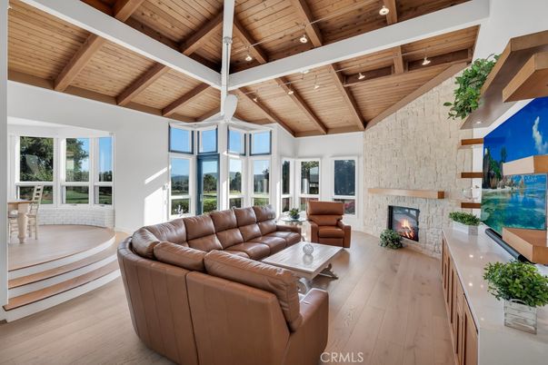 Fireplace, Interior, Living room, Recessed Lighting, Wooden Beams, Wooden Ceilings, Wood Texture Flooring