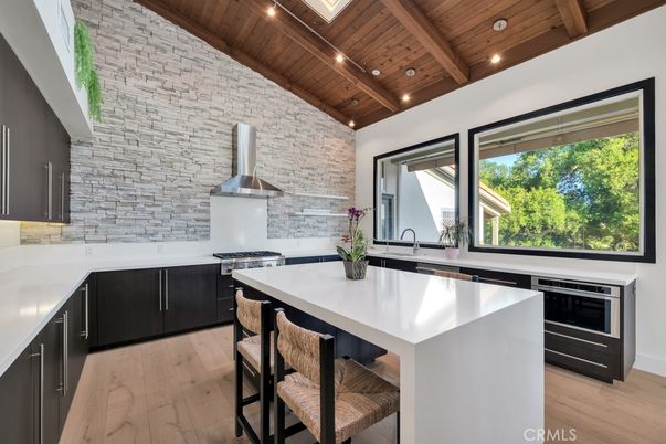 Interior, Kitchen, Recessed Lighting, Stainless Steel Appliances, Stone Walls, Wooden Beams, Wooden Ceilings, Wood Texture Flooring