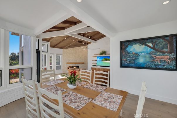 Dining room, Fireplace, Interior, Recessed Lighting, Wooden Beams, Wooden Ceilings, Wood Texture Flooring