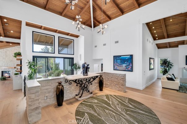 Fireplace, Interior, Pendant Lights, Recessed Lighting, Wooden Beams, Wooden Ceilings, Wood Texture Flooring