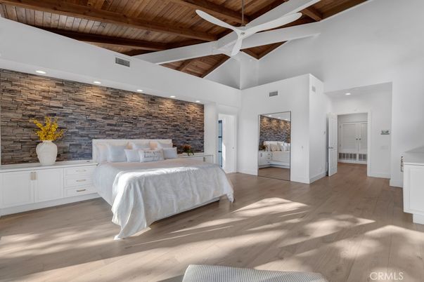 Bedroom, Interior, Recessed Lighting, Stone Walls, Wooden Beams, Wooden Ceilings, Wood Texture Flooring