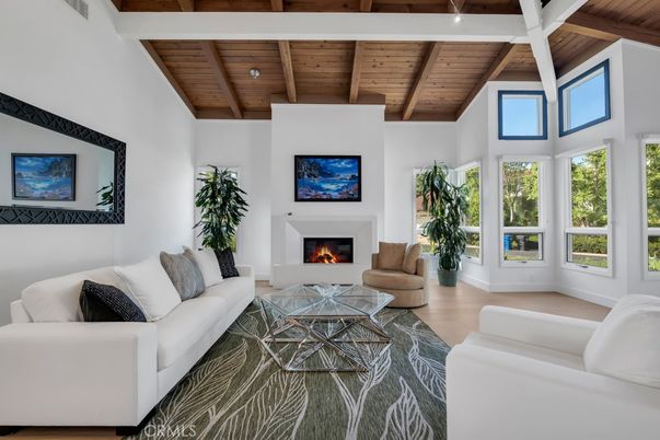 Fireplace, Interior, Living room, Recessed Lighting, Wooden Beams, Wooden Ceilings, Wood Texture Flooring