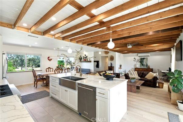 Dining room, Interior, Kitchen, Pendant Lights, Recessed Lighting, Stainless Steel Appliances, Wooden Beams, Wooden Ceilings, Wood Texture Flooring