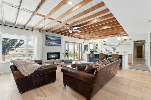 Fireplace, Interior, Living room, Pendant Lights, Recessed Lighting, Wooden Beams, Wood Texture Flooring