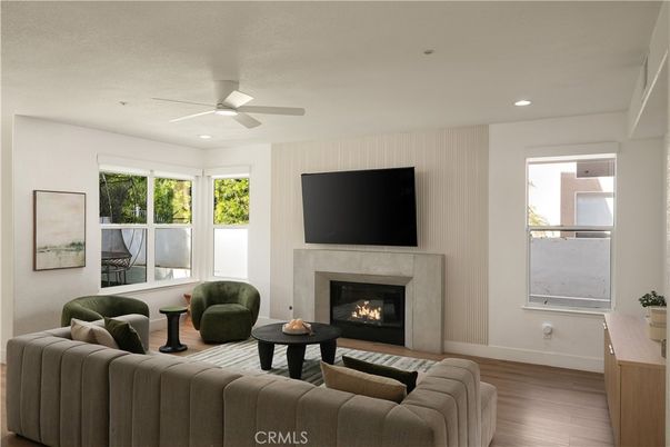 Fireplace, Interior, Living room, Recessed Lighting, Wood Texture Flooring