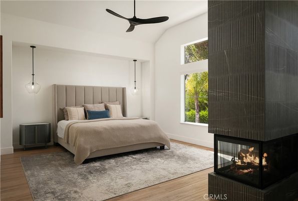 Bedroom, Fireplace, Interior, Pendant Lights, Wood Texture Flooring