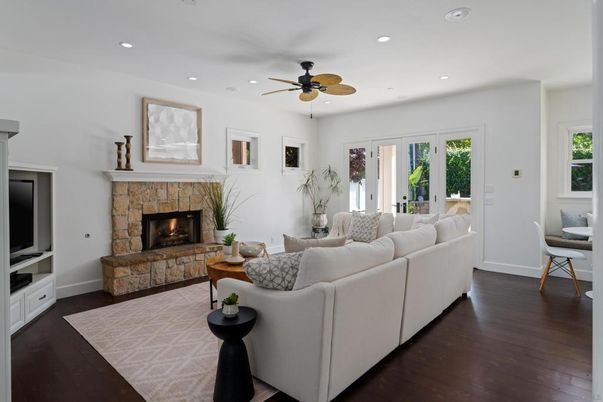 Fireplace, Interior, Living room, Recessed Lighting, Wood Texture Flooring