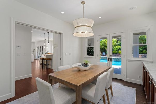 Dining room, Interior, Kitchen, Pendant Lights, Recessed Lighting, Wood Texture Flooring