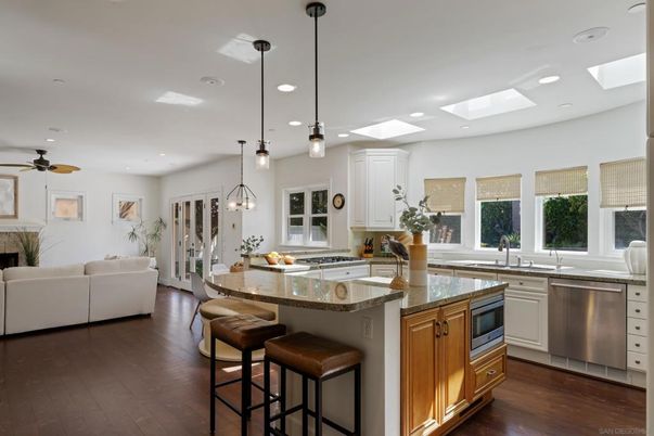 Fireplace, Interior, Kitchen, Living room, Pendant Lights, Recessed Lighting, Wood Texture Flooring