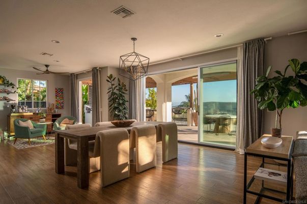 Dining room, Interior, Living room, Pendant Lights, Recessed Lighting, Wood Texture Flooring