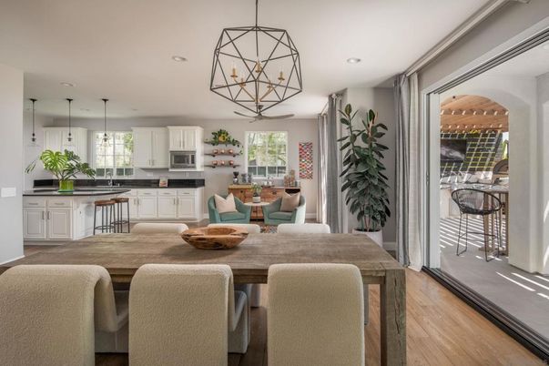 Dining room, Interior, Kitchen, Pendant Lights, Recessed Lighting, Stainless Steel Appliances, Wood Texture Flooring