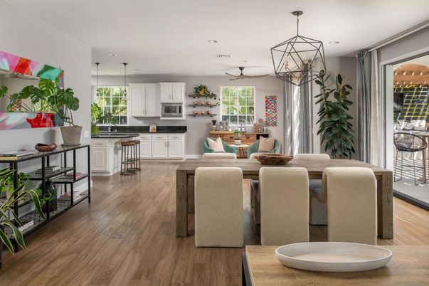 Dining room, Interior, Kitchen, Pendant Lights, Recessed Lighting, Wood Texture Flooring