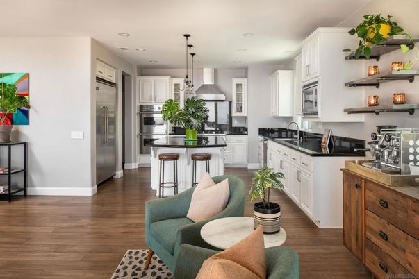 Interior, Kitchen, Living room, Pendant Lights, Recessed Lighting, Stainless Steel Appliances, Wood Texture Flooring