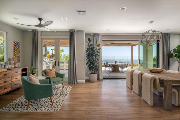 Dining room, Interior, Pendant Lights, Recessed Lighting, Water, Wood Texture Flooring