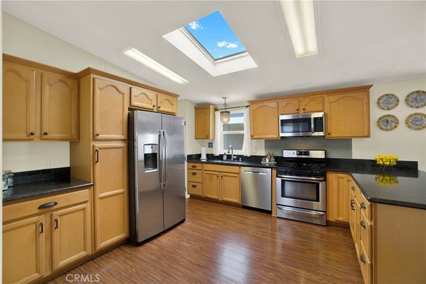 Glass Ceilings, Interior, Kitchen, Pendant Lights, Stainless Steel Appliances, Wood Texture Flooring