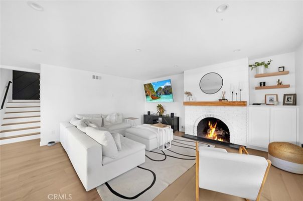 Fireplace, Interior, Living room, Recessed Lighting, Wood Texture Flooring
