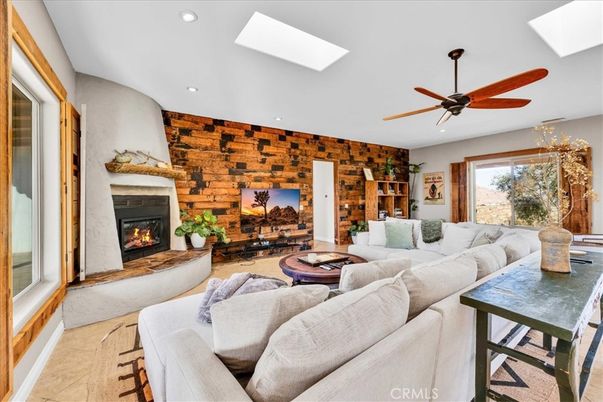 Fireplace, Interior, Living room, Recessed Lighting, Stone Walls