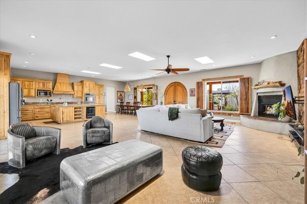 Dining room, Fireplace, Interior, Kitchen, Living room, Recessed Lighting, Stainless Steel Appliances