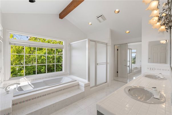 Bathroom, Dual Sink Vanities, Glass Shower, Interior, Recessed Lighting, Tile Countertops, Wooden Beams