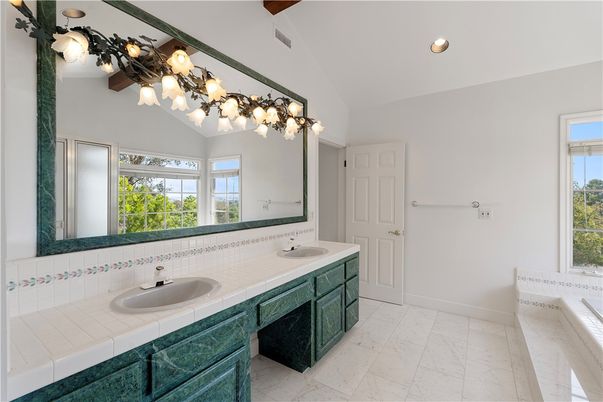 Bathroom, Dual Sink Vanities, Interior, Recessed Lighting, Tile Countertops