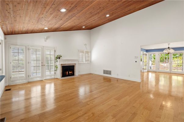 Empty room, Fireplace, Interior, Recessed Lighting, Wooden Ceilings, Wood Texture Flooring