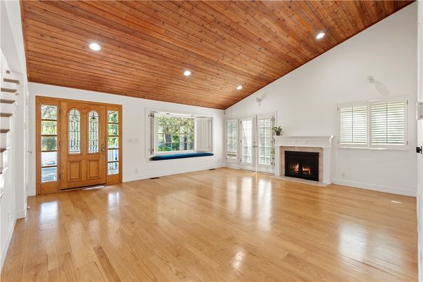 Empty room, Fireplace, Interior, Recessed Lighting, Wooden Ceilings, Wood Texture Flooring