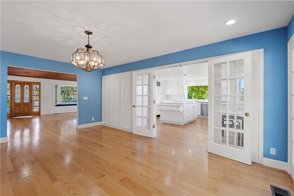Chandelier, Empty room, Interior, Kitchen, Recessed Lighting, Wood Texture Flooring