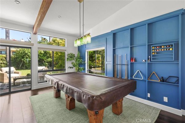 Billiard Table, Game Room, Interior, Pendant Lights, Recessed Lighting, Wooden Beams, Wood Texture Flooring