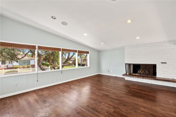 Empty room, Fireplace, Interior, Recessed Lighting, Wood Texture Flooring