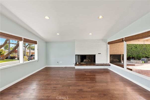 Empty room, Fireplace, Interior, Recessed Lighting, Wood Texture Flooring