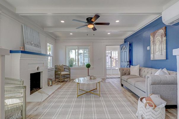Fireplace, Interior, Living room, Recessed Lighting, Wood Texture Flooring