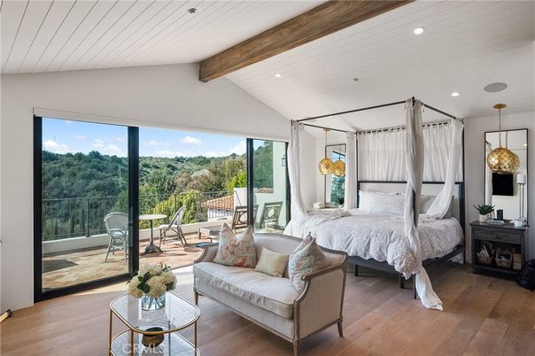 Bedroom, Interior, Pendant Lights, Recessed Lighting, Wooden Beams, Wood Texture Flooring