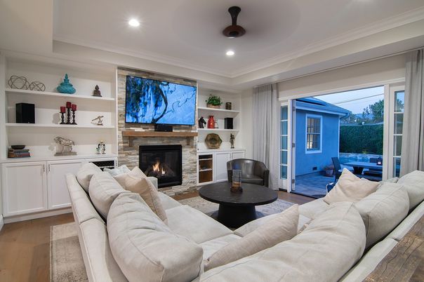 Fireplace, Interior, Living room, Recessed Lighting, Wood Texture Flooring