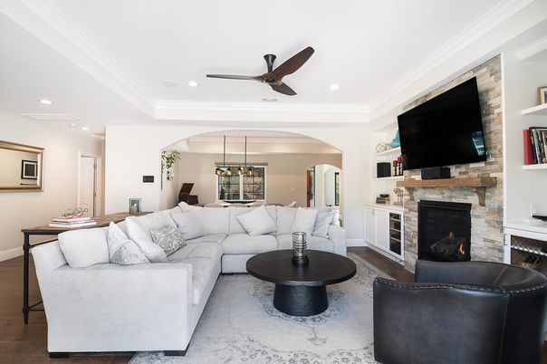 Dining room, Fireplace, Interior, Living room, Pendant Lights, Recessed Lighting, Stone Walls, Wood Texture Flooring