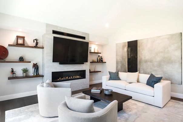 Fireplace, Interior, Living room, Recessed Lighting, Wood Texture Flooring