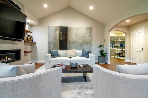 Fireplace, Interior, Living room, Recessed Lighting, Wood Texture Flooring