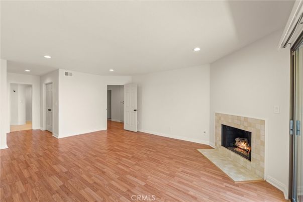 Empty room, Fireplace, Interior, Recessed Lighting, Wood Texture Flooring