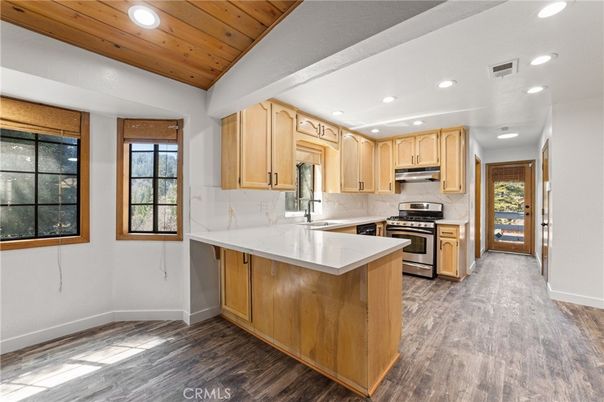 Interior, Kitchen, Recessed Lighting, Stainless Steel Appliances, Wooden Ceilings, Wood Texture Flooring