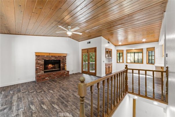 Empty room, Fireplace, Interior, Recessed Lighting, Wooden Ceilings, Wood Texture Flooring
