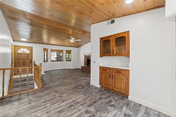 Empty room, Fireplace, Interior, Recessed Lighting, Wooden Ceilings, Wood Texture Flooring