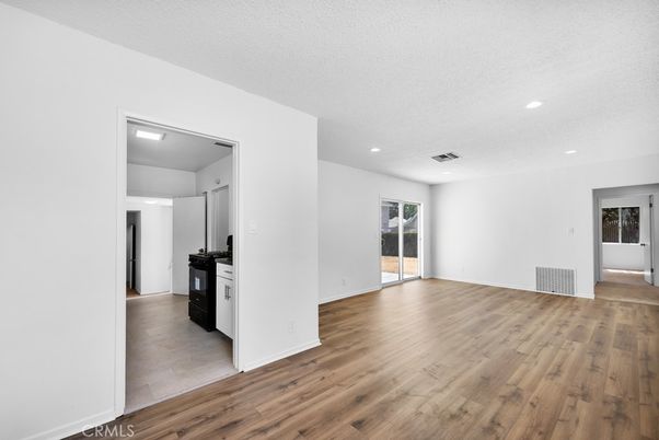 Empty room, Interior, Kitchen, Recessed Lighting, Wood Texture Flooring