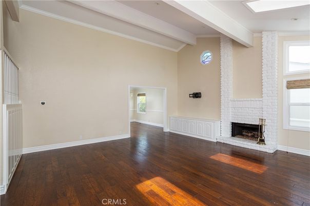 Empty room, Fireplace, Interior, Recessed Lighting, Wood Texture Flooring