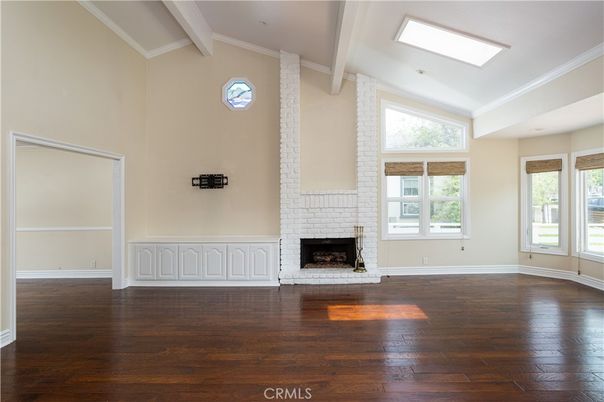 Empty room, Fireplace, Interior, Recessed Lighting, Wood Texture Flooring