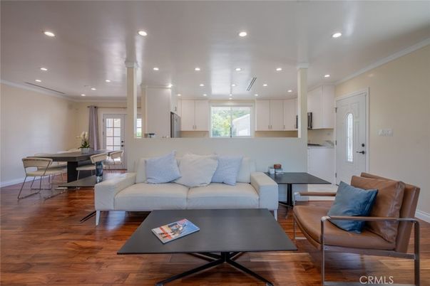 Dining room, Interior, Kitchen, Living room, Recessed Lighting, Wood Texture Flooring