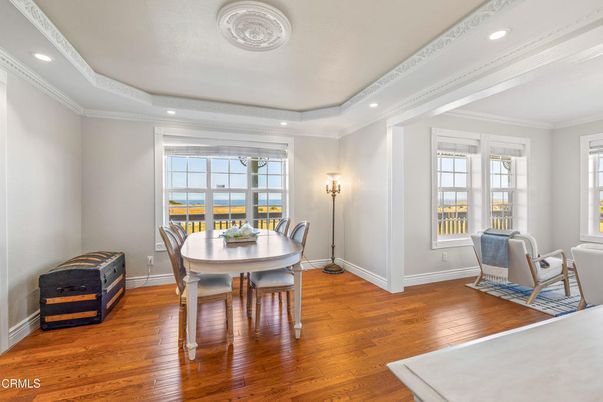 Dining room, Interior, Recessed Lighting, Wood Texture Flooring