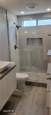 Bathroom, Glass Shower, Interior, Recessed Lighting, Wood Texture Flooring