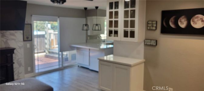 Interior, Kitchen, Marble Walls, Pendant Lights, Wood Texture Flooring