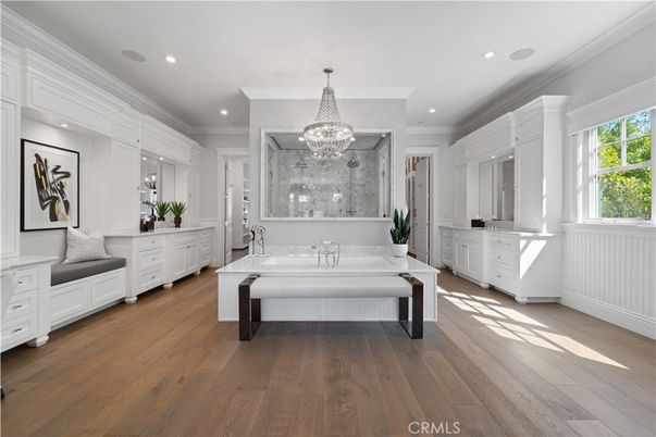 Bathroom, Chandelier, Interior, Recessed Lighting, Wood Texture Flooring