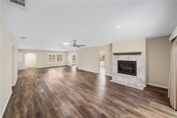 Empty room, Fireplace, Interior, Recessed Lighting, Wood Texture Flooring