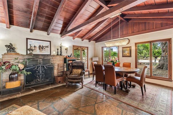 Chandelier, Dining room, Fireplace, Interior, Wooden Beams, Wooden Ceilings